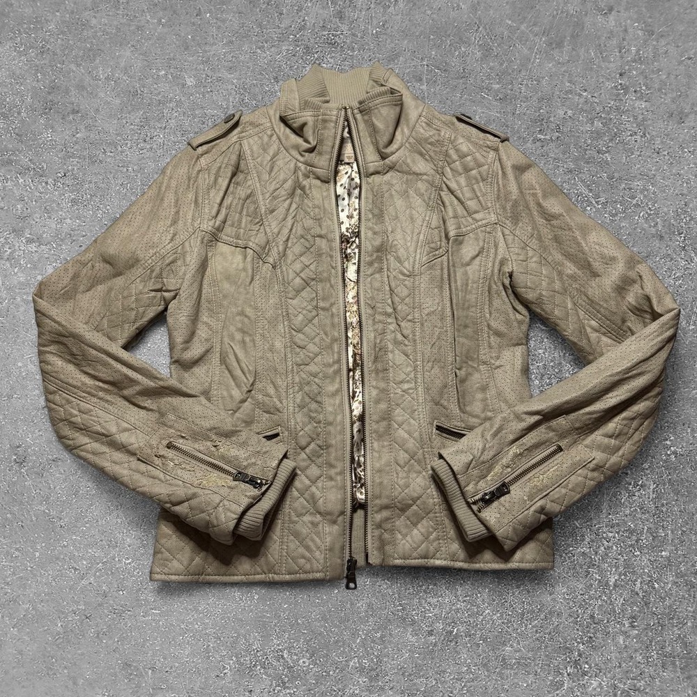 Guess Womens Beige Quilted Faux Leather Moto Jacket Tan Size M